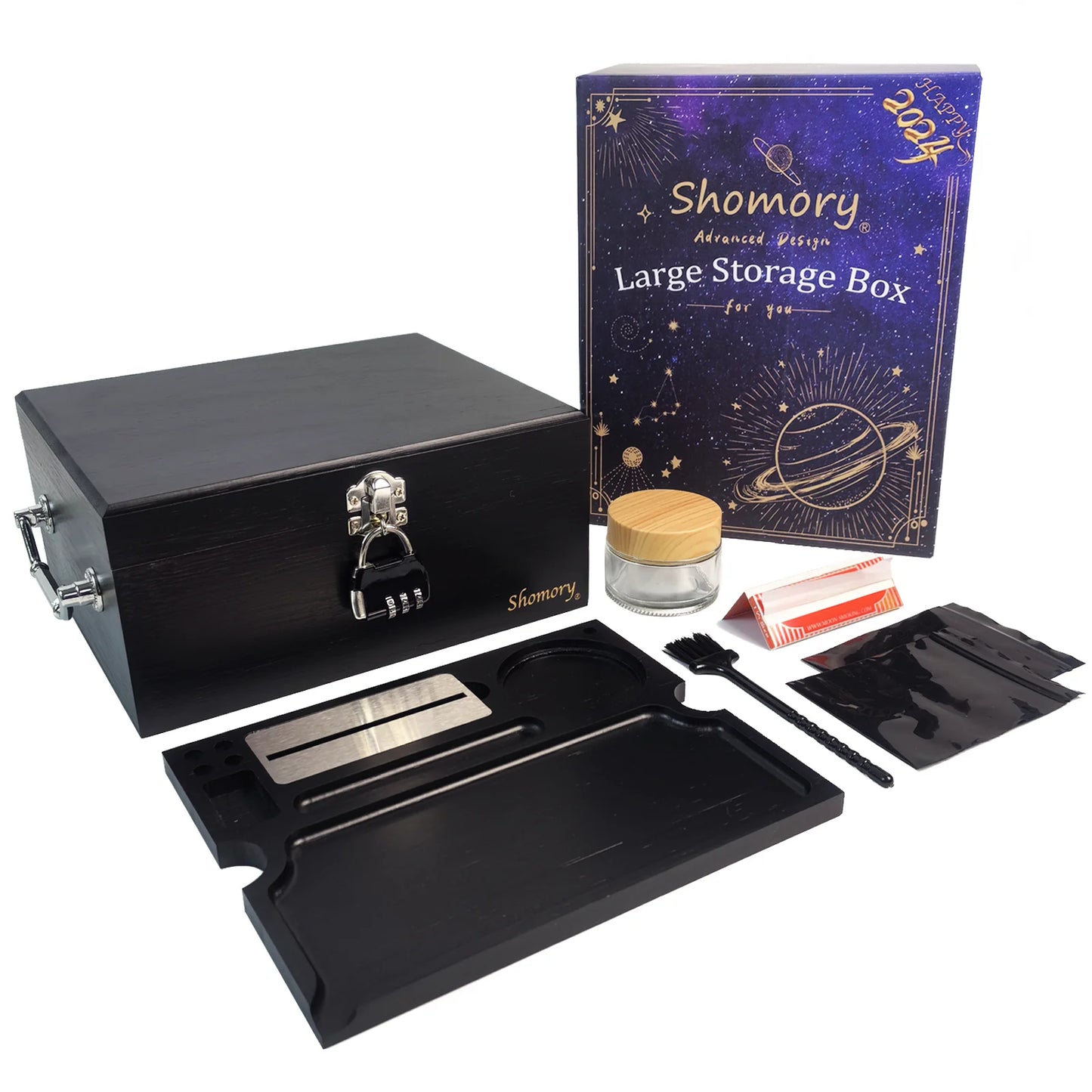 Large Tobacco Storage Box with Lock and Brush, Decorative Stash Box with Accessories