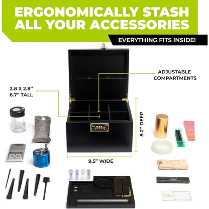 Stash Box- Large Premium Bamboo Storage Box with Combination Lock- Removable Sliding Tray Roll Kit with Paper Dispenser, 21 Aces