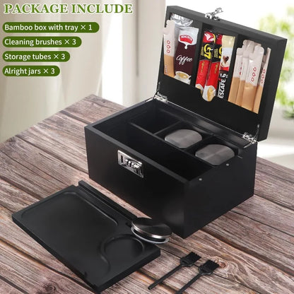 Large Black Bamboo Box with Combination Lock,Smell Proof Box with Detachable Compartment, Wooden Decorative Storage Box with Alr