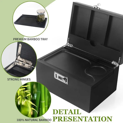 Large Black Bamboo Box with Combination Lock,Smell Proof Box with Detachable Compartment, Wooden Decorative Storage Box with Alr