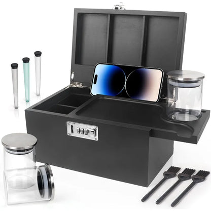 Large Black Bamboo Box with Combination Lock,Smell Proof Box with Detachable Compartment, Wooden Decorative Storage Box with Alr