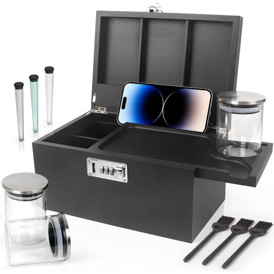 Large Black Bamboo Box with Combination Lock,Smell Proof Box with Detachable Compartment, Wooden Decorative Storage Box with Alr