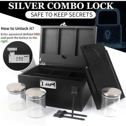 Large Black Bamboo Box with Combination Lock,Smell Proof Box with Detachable Compartment, Wooden Decorative Storage Box with Alr