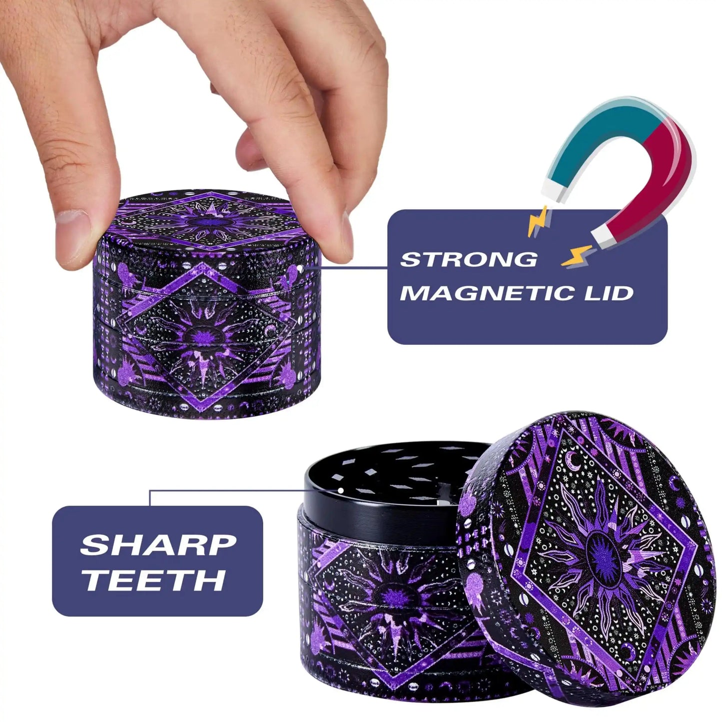 Psychedelic Sun Moon Herb Grinder | 4-Layer Zinc Crusher 4-Layer Grinder with Pollen Catcher