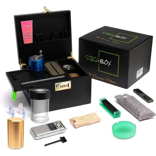 Stash Box- Large Premium Bamboo Storage Box with Combination Lock- Removable Sliding Tray Roll Kit with Paper Dispenser, 21 Aces