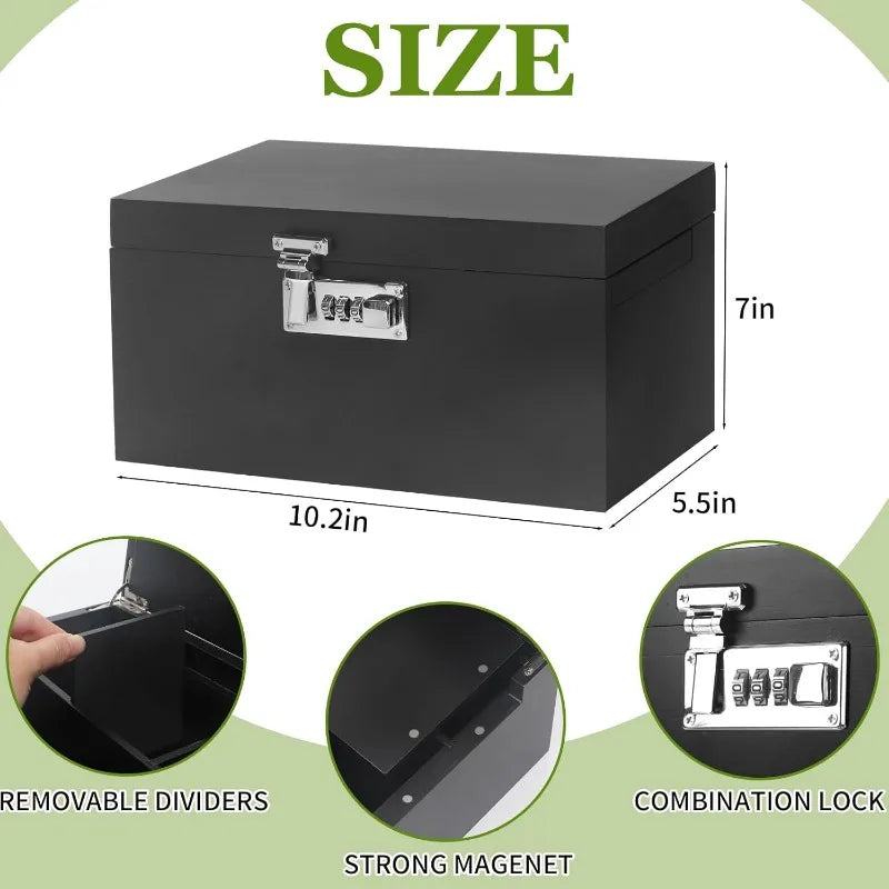 Large Black Bamboo Box with Combination Lock,Smell Proof Box with Detachable Compartment, Wooden Decorative Storage Box with Alr