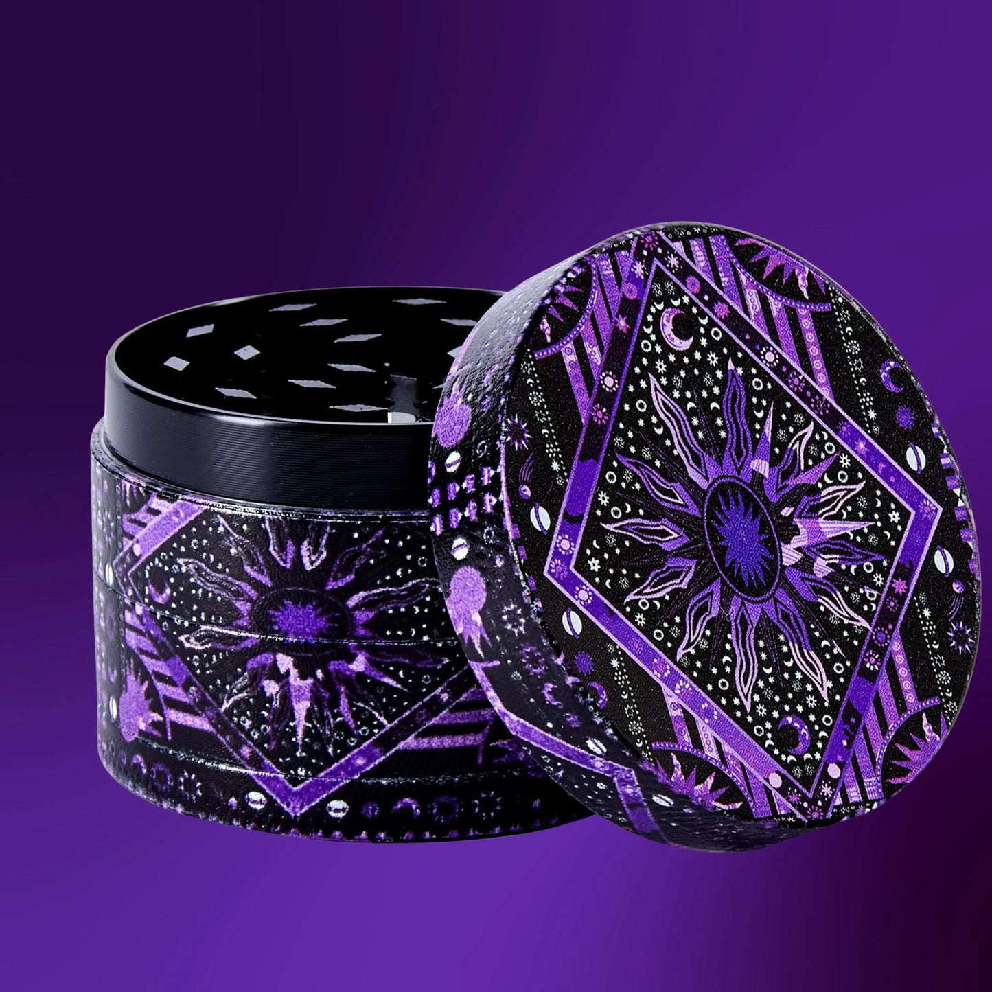 Psychedelic Sun Moon Herb Grinder | 4-Layer Zinc Crusher 4-Layer Grinder with Pollen Catcher